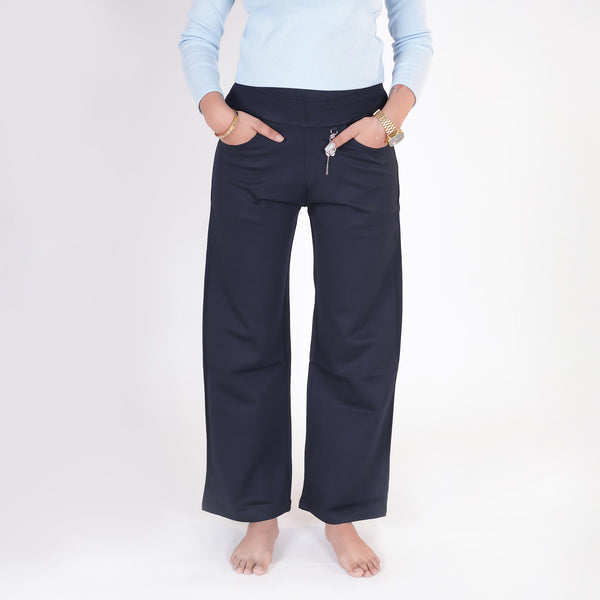 Blue premium 4-Way Stretch Lycra Flare Pants in NR Roma Fabric with Signature Elastic Waistband