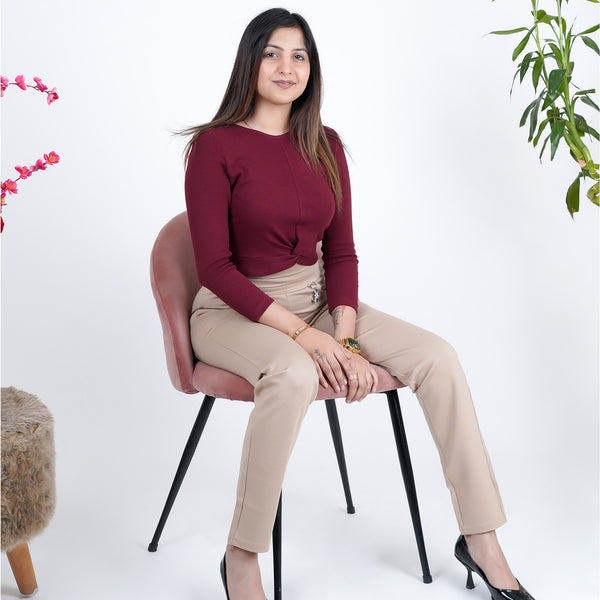 Beige Stretchable, Mom fit, Cigarette Pants with Extra comfort.