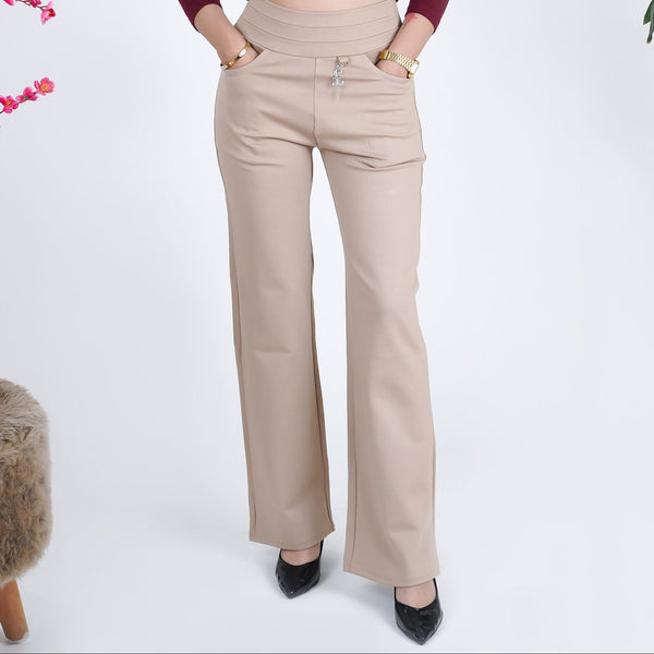 Beige Premium 4-Way Stretch Lycra Flare Pants in NR Roma Fabric with Signature Elastic Waistband