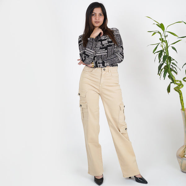 Beige Cargo eight pants with Streachable Biowash ,high quality Cotton &superior elasic belt