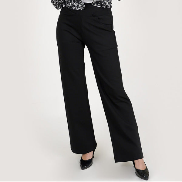 Black premium 4-Way Stretch Lycra Flare Pants in NR Roma Fabric with Signature Elastic Waistband